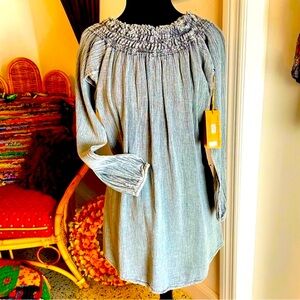 Cotton Natural DENIM Blue Gray CREPE DRESS! New! Long Sleeves.  Lightweight. Md